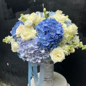 Crystal Passion vase (White Roses + Blue Hydrangea) - Flowers-Bangkok