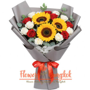 15 Roses + 3 Sunflowers bouquet - Flowers-Bangkok