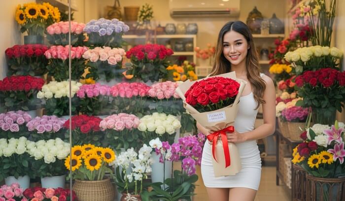 Roses delivery in Bangkok - Flowers-Bangkok shop (Girl with the roses boquuet)