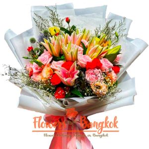 Pink Lilies + roses bouquet - Flowers-Bangkok
