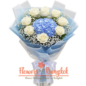 Blue Grace bouquet 9Roses + Hydrangea) - Flower Delivery Bangkok