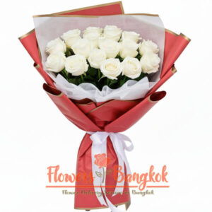 15 White Roses bouquet in red wrapper (Flower Delivery Bangkok)