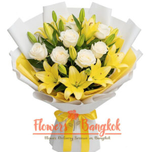 7 White Roses and Yellow Lilies bouquet from Flowers-Bangkok