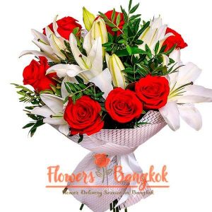 Flowers-Bangkok - Bouquet of 7 Red Roses and White Lilies