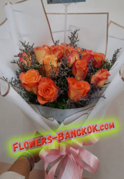 12 premium Orange Roses in white - Flower Delivery Bangkok