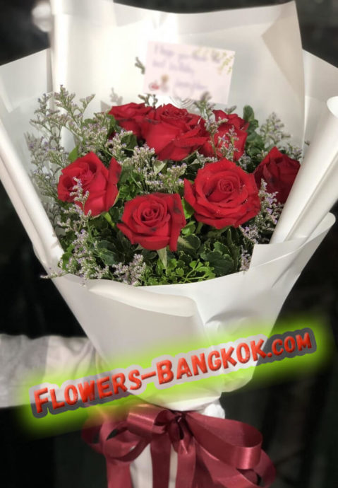 7 Premium Red Roses in White film - Flower Delivery Bangkok