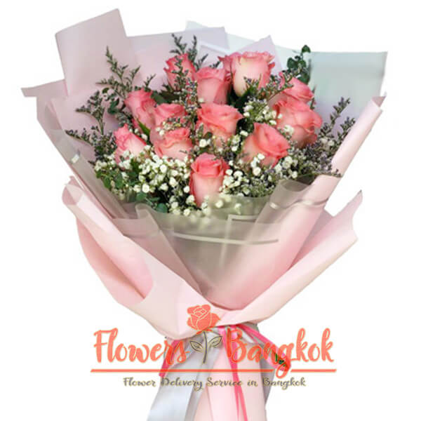 12 Pink Roses bouquet - Flower Delivery Bangkok