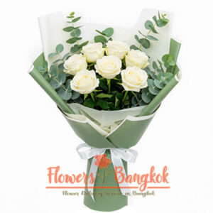 White Compliment bouquet (7 White Roses in green wrapper) - Flowers-Bangkok