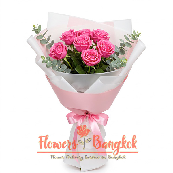 7 Hot Pink Roses - Flowers-Bangkok