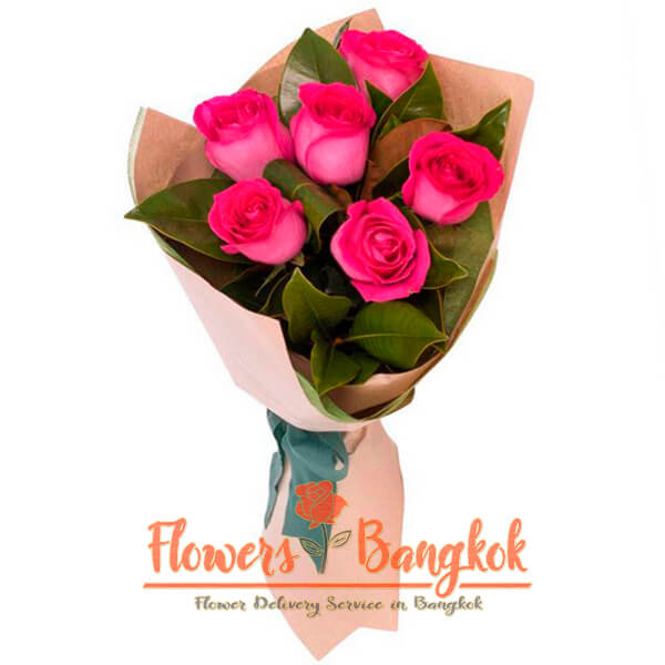 Flowers-Bangkok - 6 hot pink roses new