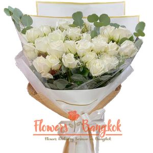 20 White Roses bouquet for Valentine's day - Flower De;ivery Bangkok