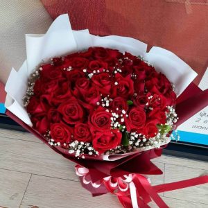 50 Premium Red Roses with Gypsophila