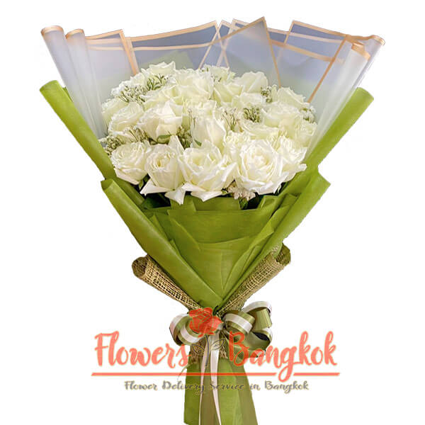 25 White Rose bouquet - Flower Delivery Bangkok Thailand