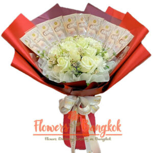 10 White Roses + 10,000 THB - Flower Delivery in Bangkok (money bouquet)