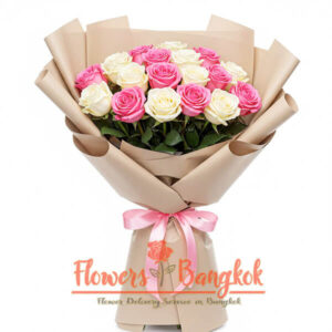 18 White and Pink Roses bouquet - Flowers-Bangkok